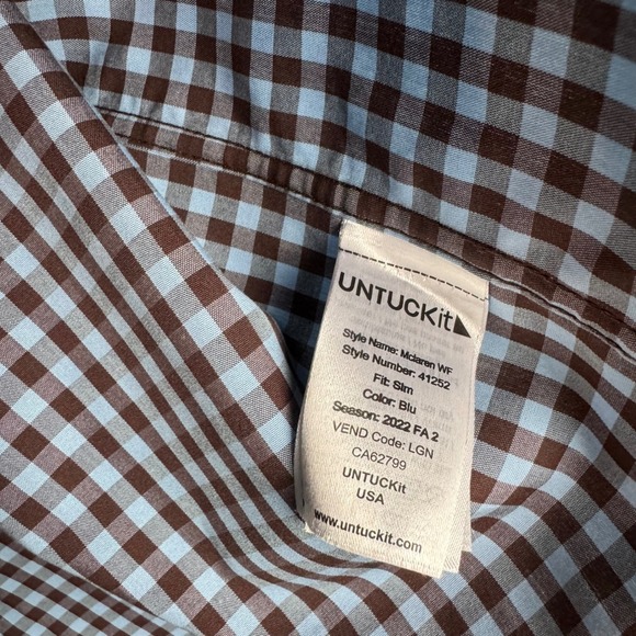 UNTUCKit Men's XL‎ Slim Fit McLaren WF Gingham Button Up Dress Shirt Blue Brown - Picture 5 of 6